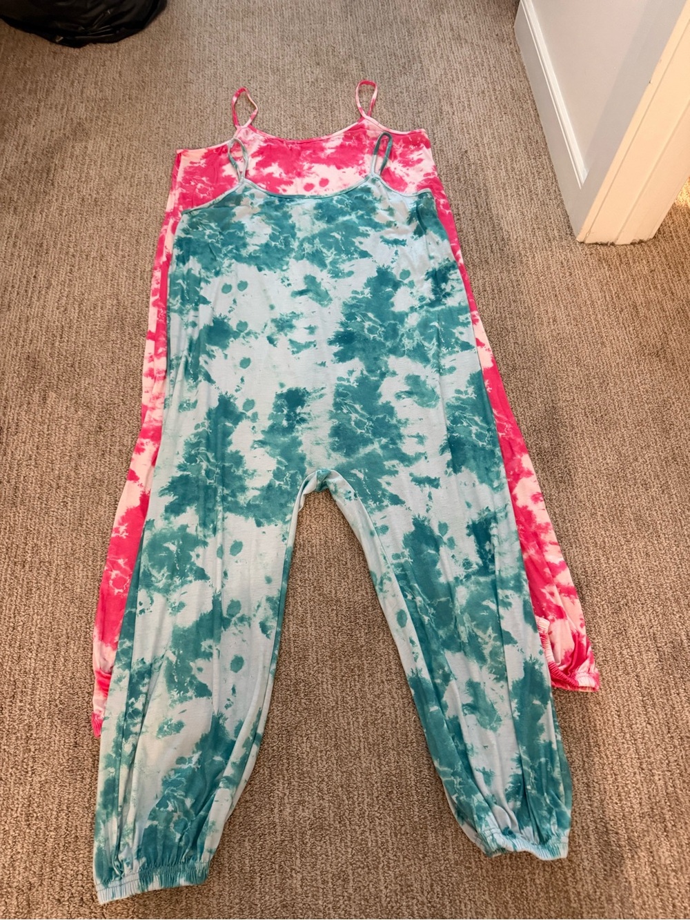 2 Tie-Dye Spaghetti Strap Jumpsuit - Teal and Pink together